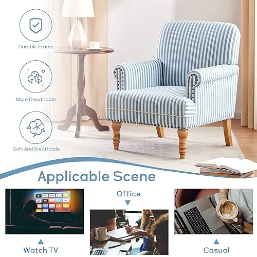 HUIMO Linen Fabric Accent Chair, Mid-Century Modern Armchair with Solid Wood Legs, Single Sofa Chair,Upholstered Reading Club Chair (1, Blue and White Stripe) - color: Blue and White Stripe