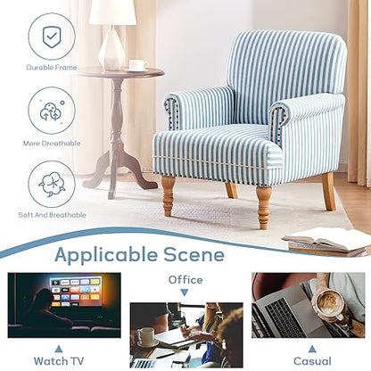 HUIMO Linen Fabric Accent Chair, Mid-Century Modern Armchair with Solid Wood Legs, Single Sofa Chair,Upholstered Reading Club Chair (1, Blue and White Stripe) - color: Blue and White Stripe