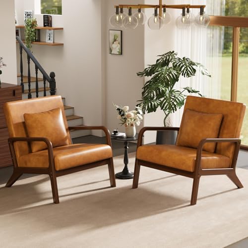Mid-Century Modern Chair,Upholstered Accent Chair Reading Arm Chair with Cushion & Lumbar Pillow & Solid Wood Frame for Lounge, Living Room, Bedroom, Office, Brown-PU Leather, 2PCS - color: New Arrival - Brown, Pu Leather, size: Set of 2
