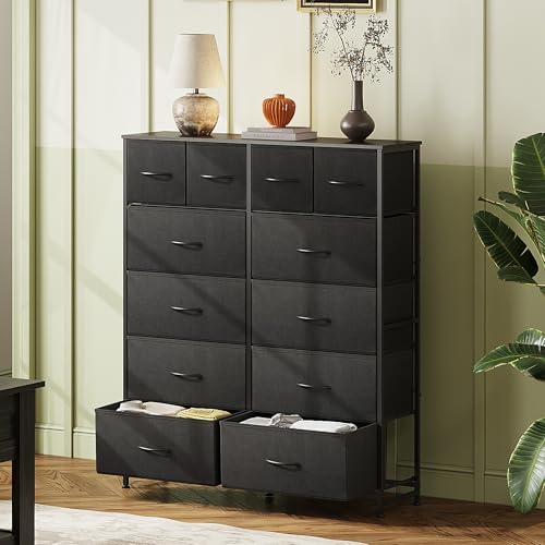 WLIVE 12 Drawer Tall Black Fabric Dresser Bedroom Storage Chest | Black tall 12-drawer fabric dresser with wood top, modern storage tower for bedroom home office closet living room - color: Charcoal Black