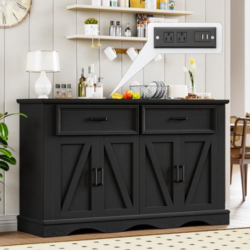56" Black Modern Farmhouse Sideboard Buffet Cabinet with Charging Station | 4 Doors 2 Drawers, Adjustable Shelves & Soft Close Hinges, Coffee Bar Cabinet for Kitchen Living Room Entryway, Easy Assembly - color: Black, size: 2 drawers and 4 doors
