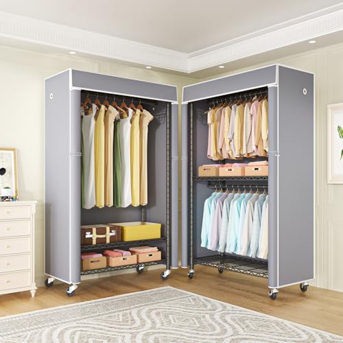 Black Clothing Rack with Grey Cover, P1C Rolling Closets | Metal Garment Rack for Hanging Clothes, Clothing Storage Wardrobe, with Wheels - color: Black Rack With Grey Cover