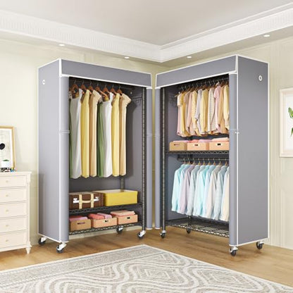 Black Clothing Rack with Grey Cover, P1C Rolling Closets | Metal Garment Rack for Hanging Clothes, Clothing Storage Wardrobe, with Wheels - color: Black Rack With Grey Cover