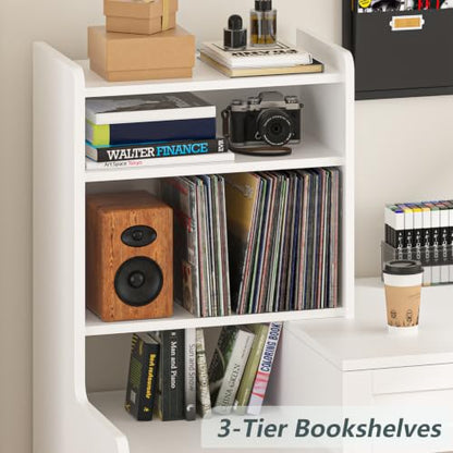60" White Computer Desk with Drawers & Bookshelves for Bedroom, Home Office | Computer Desk with Bookcase & Drawers, Vanity Desk Writing Study Table with Storage for Bedroom, White - color: White