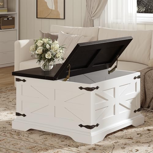 VVFLU Farmhouse Coffee Table with Storage, Square Center Table for Living Room, Rustic, Hinged Lift Top Soft Close, Wood, Large Hidden Storage, Modern, Metal Corner, White Black - color: White Black Wood