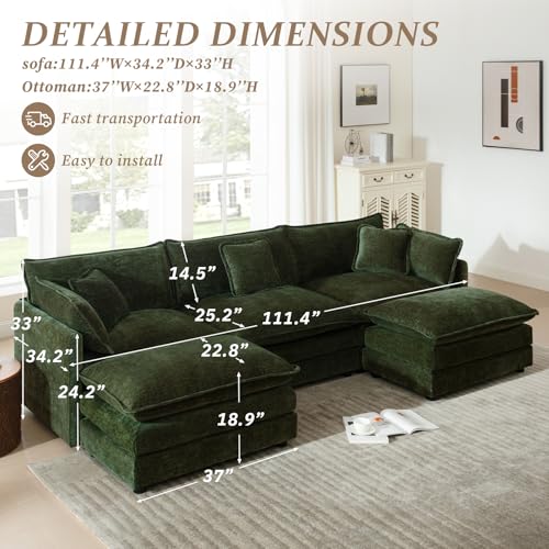 103.8" Chenille U Shaped Modular Sofa with Ottoman,Green | Randomly Assemble Modular Sofa Sets, Modern Recliner Deep Seat Sofa Set for Living Room,Office - color: Green, size: 3S+2O