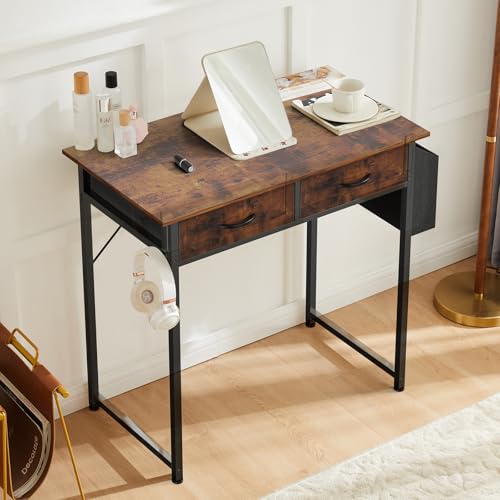 DUMOS 32" Home Office Computer Desk with Drawers, Small Gaming Writing Study Table with Storage Side Bag, Headphone Hook and Adjustable Feet for Bedroom Rustic Brown | Small Writing Desk for Home Office with Headphone Hook, Compact Study Table for Bedroom