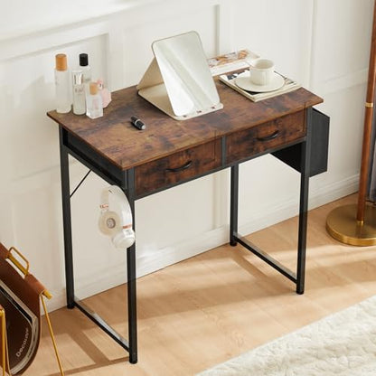 DUMOS 32" Home Office Computer Desk with Drawers, Small Gaming Writing Study Table with Storage Side Bag, Headphone Hook and Adjustable Feet for Bedroom Rustic Brown | Small Writing Desk for Home Office with Headphone Hook, Compact Study Table for Bedroom