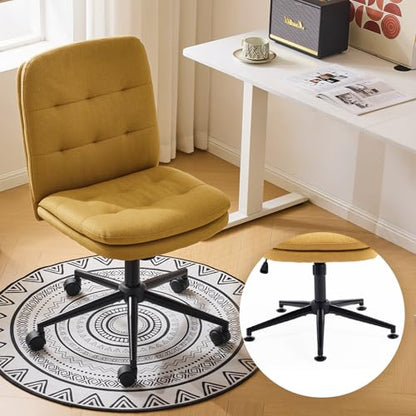 VINGLI Mid Back Armless Office Desk Chair with Wheels/no Wheels,360°Rocking Swivel Vanity Chair with Thickened Cushion,Adjustable Height Rolling for Reading Room, Make up, Linen Ginger Yellow - color: Ginger Yellow