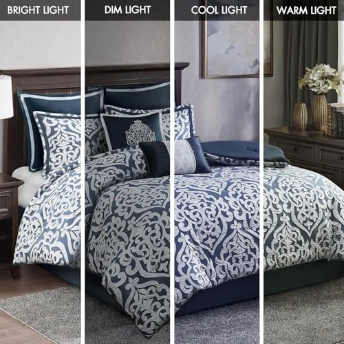 Madison Park Odette Cozy Comforter Set Jacquard Damask Medallion Design - Modern All Season, Down Alternative Bedding, Shams, Decorative Pillows, Queen(90 in x 90 in),Navy 8 Piece | All Season Down Alternative Bedding with Comforter, Shams, Bed Skirt, Dec