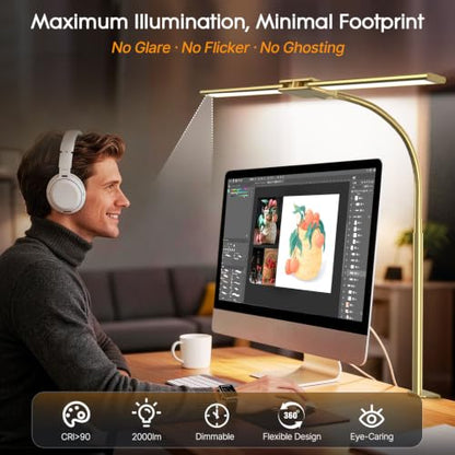 Syrinx LED Desk Lamp for Office Home, Dual Head Eye-Care Architect Lamp | Gesture/Wired Control, Flexible Neck, Bright Desk Light with Memory/Timer, 50 Lighting Modes for Study, Drafting, Gold - color: Gold