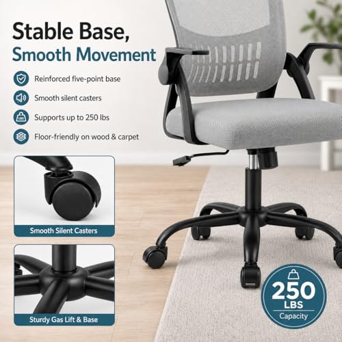 Ergonomic Office Chair, Home Office Desk Chair, Breathable Mesh Desk Chair with Adjustable Lumbar Support and Flip-up Armrests, Game Chairs, 360° Swivel Desk Chairs for Conference, Meeting Room(Grey) - color: Grey