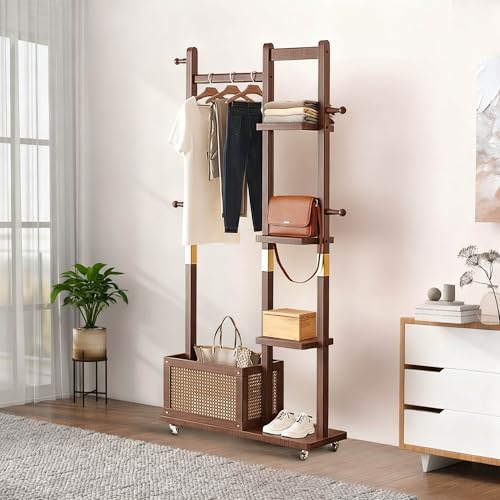 Freestanding Clothes Racks with Wheels, 4 Shelves & 4 Hooks, Solid Wood Coat Rack with Storage Basket for Hanging Garment Wallets Hats, Heavy Duty Clothing Racks for Bedroom,Entryway, Office,Hotel - color: Walnut, size: 3-(L: 26.8" x W: 11" x H: 68")