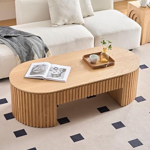 51.18'' Oval Wood Coffee Table with Drawer, Centre Table Tea Table Fluted Coffee Table Mid Century Modern Round Coffee Table Unique for Living Room Apartment-Oak - color: Oak, size: 51.18"x23.62"x14.56"