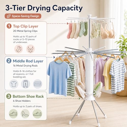 Clothes Drying Rack Foldable with Rolling Wheels, Portable Laundry Drying Rack with 16 Aluminum Arms, Stable 4-Leg Base, 360° Rotating Design for Indoor Outdoor (Double-Tier with Shoe Rack) - size: 2-Tier
