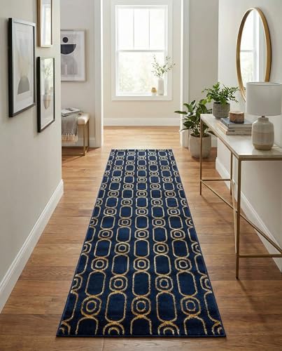 Rugs.com - Vogue Geo Rug – 12 Ft Runner Navy Blue and Gold Easy-Clean Runner Rug – Modern Geometric Design for Hallways, Entryways, and Bedrooms - color: Navy Blue and Gold, size: 2'7" x 12' (Runner)
