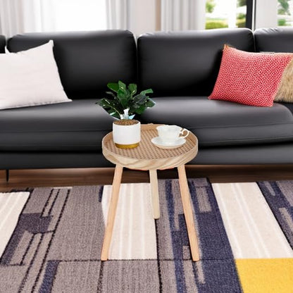 Small Side Table, Rattan Nightstand, Round End Boho Bedside Accent Mid-Century Modern Bed Tables for Living Room Bedroom Office Balcony(Natural Walnut) - color: Natural Walnut