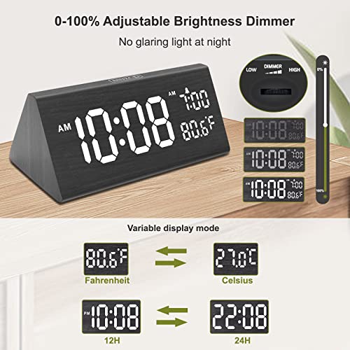 DreamSky Wooden Digital Alarm Clock for Bedroom with USB Port | 7.7" Electric Clocks with Large Numbers, Temperature, 0-100% Brightness Dimmer, Adjustable Alarm Volume, Snooze, 12/24H - color: Gray