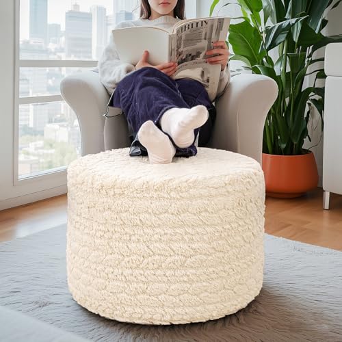 Round Pouf Ottoman Footstool 20x14In Ottoman Footrest for Couch Linen White | All-in-one Foam Floor Pouf,Ottoman Coffee Table,Footstool Ottoman Boho Poof Home Decor Beanbag Chairs for Living Room Bedroom - color: Linen White