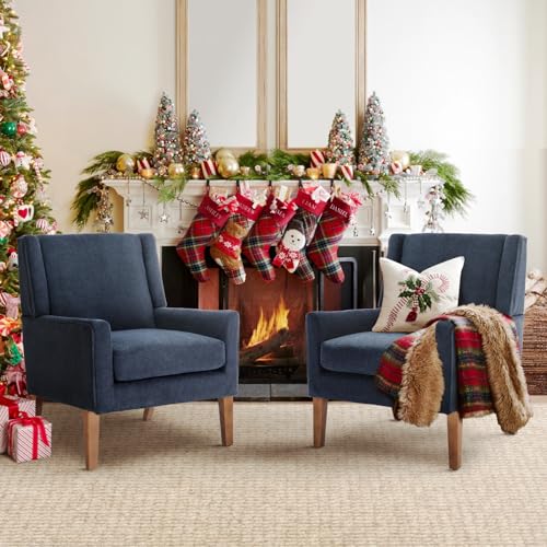 COLAMY Modern Wingback Living Room Chair Set of 2, Upholstered Fabric Accent Armchair, Single Sofa Chair with Lounge Seat and Wood Legs for Bedroom/Office/Reading Spaces, Blue - color: Blue, size: Set of 2