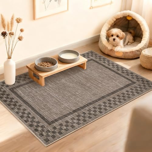 GarveeHome Small Washable Area Rug 2x3 Modern Checkered Entry Bedroom Rug | Solid Color Scalloped Kitchen Rugs Non Slip Stain Resistant Bordered Throw Carpet for Living Room Nursery Laundry, Brown - color: Brown, size: 2' x 3' (Rectangular)