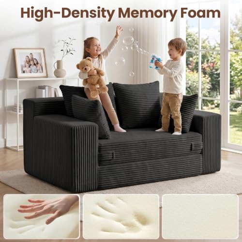 Boneless Mini Couch 53 Inch, 3-in-1 Black Boneless Couches Covertible Sofa Bed with 4 Pillows, Small Couches for Living Room, Bedroom, Small Space - color: Black, size: 53 Inch