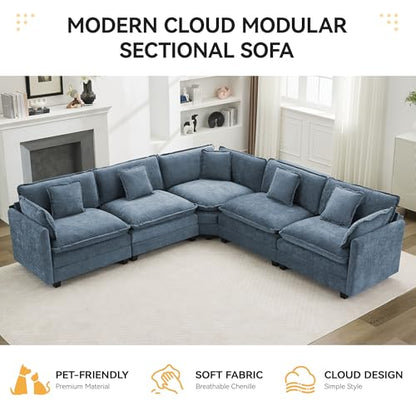 113'' V Shaped Cloud Sectional Sofa, Oversized Deep Seat Couches for Living Room, Chenille Comfy Upholstered Modular Sectional Sofa Couch,Blue - color: Blue, size: 113'' V Shape