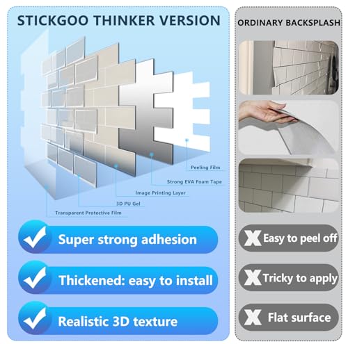 STICKGOO Subway Tile Peel and Stick Backsplash, Thicker Design 12" x 12" Stick on Backsplash Tiles for Kitchen, Bathroom, Wall Tile (10 Sheets, Light Gray Beige) - color: Light Gray Beige
