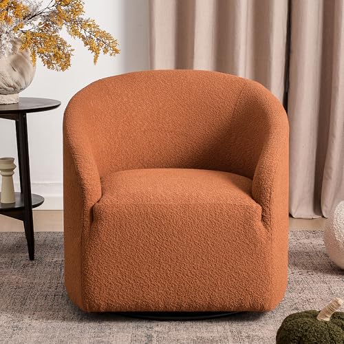 KINWELL 32" Wide Swivel Boucle Accent Chair Armchair, No Assembly Mid-Century Modern Round Upholstered Barrel Chair for Living Room, Bedroom, Office (Caramel) - color: Caramel, style: Set of 1