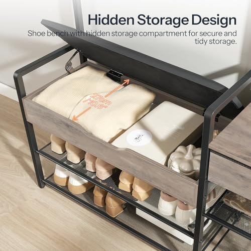 HOOBRO Hall Tree with Bench, Shoe and Coat Rack for Entryway, Coat Rack with Bench, Flip Top Storage Box, PU Cushioned Seat, Non-Woven Fabric Drawer, for Entrance, Greige and Black BG110MT01 - color: Greige + Black
