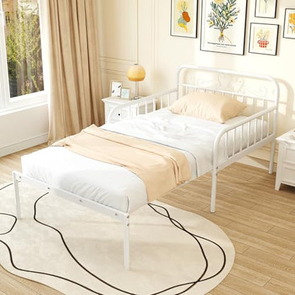 GIANTEX Metal Twin Bed Frame, Convertible Sofa Bed with Headboard & Armrests, Pull-Out Sleeper Chair Bed for Small Spaces Dorm Guest Apartment, Suitable for Folding Sofa Mattress, White - color: White