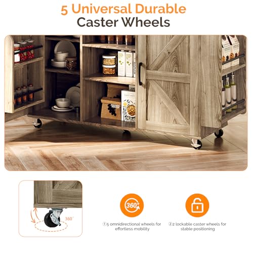 VINGLI Kitchen Island with Storage, 52" Rolling Kitchen Cart with 3 Drawers & Shelves, Drop Leaf Design, Mobile Island with Barn Doors, Towel & Spice Rack for Kitchen & Dining, Grey Brown Oak - color: Grey Brown 2-box