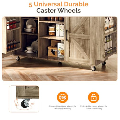VINGLI Kitchen Island with Storage, 52" Rolling Kitchen Cart with 3 Drawers & Shelves, Drop Leaf Design, Mobile Island with Barn Doors, Towel & Spice Rack for Kitchen & Dining, Grey Brown Oak - color: Grey Brown 2-box