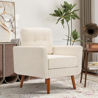 Tbfit Linen Fabric Single Sofa, Accent Chair, Mid Century Modern Armchair for Living Room, Bedroom Button Tufted Upholstered Comfy Reading Sofas, Beige - color: Beige, size: Single