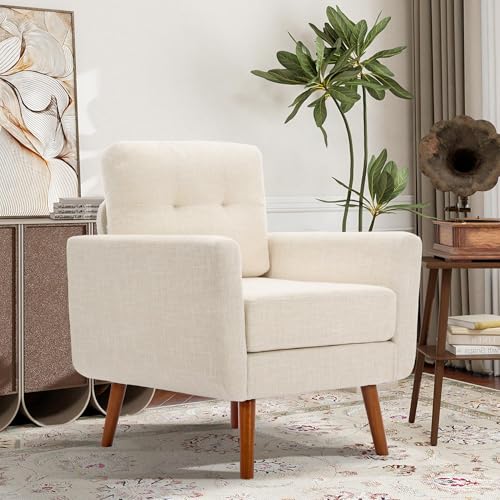 Tbfit Linen Fabric Single Sofa, Accent Chair, Mid Century Modern Armchair for Living Room, Bedroom Button Tufted Upholstered Comfy Reading Sofas, Beige - color: Beige, size: Single