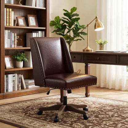 Upholstered Armless Office Chair Faux Leather Swivel Home Desk Office Chair | Modern Comfy Boho Office Chair with Wheels Adjustable Desk Chair no Arms for Sewing Women Farmhouse Study Studio PU Reddish - color: Reddish
