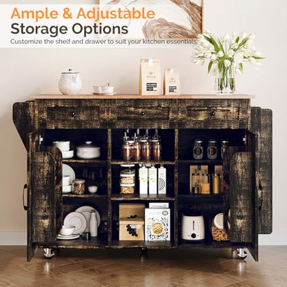 VINGLI 52" W Kitchen Island with Storage and Drop Leaf, Black & Gold | Farmhouse Rolling Cart with 3 Drawers, 2 Barn Doors, Adjustable Shelves, Side Rack and Locking Wheels - color: Black & Gold