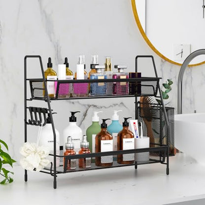 VITVITI 2 Tier Bathroom Countertop Organizer, Vanity Storage Shelf, Black | Bathroom Counter Organizer, Vanity Makeup Tray Shelf, Kitchen Spice Rack, Metal Wire Mesh, with Basket Hooks - color: 2 Tier Large Black