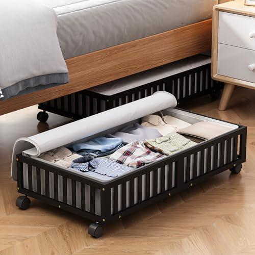 2 Pack Large Bamboo Under Bed Storage Containers with Wheels, Black | Underbed Drawer Storage with Bag, Wood Rolling Underbed Organizer for Shoes, Sheets Clothes Blanket Comforter, Under Crib Toy - color: Black, size: 2 PCS (33.07"×16.54")