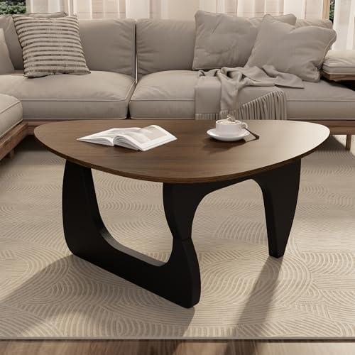 Modern Wood Coffee Table, Triangle Center Table with Premium Wooden Top& Unique Base, 35.5” Small Mid Century Tea Tables for Living Room, Apartment, Office,Walnut & Black - color: Walnut & Black, size: Medium 35.5*25.5*15.7in