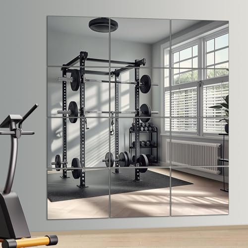 Full Length Wall Mirrors, Home Gym Mirror for Gym, 12Pcs 14"x 12" Glass Mirror Tiles, Self Adhesive HD Glass Full Body Wall Mirrors for Wall Decor, Bedroom, Living Room, Over The Door - size: 12Pcs- 14" × 12"