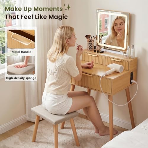 Small Vanity Desk with Lights Mirror, Compact Makeup Vanity Table with Stool, Fluted Wood Vanity with Power Outlet, 3 Color Adjustable LED, Large Drawers, Modern Dressing Table for Bedroom