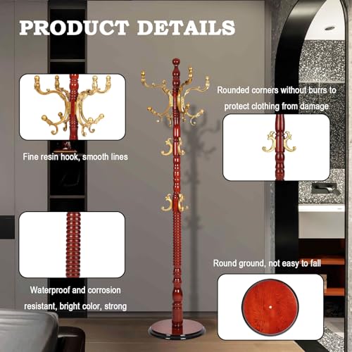 Coat Racks Free Standing with 14 Hooks, Natural Wood Coat Rack with Solid Round Base, Adjustable Height Coat Racks, Easy Assembly for Hallway, Bedroom and Office (Begonia color) - color: Begonia color