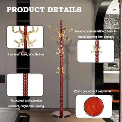 Coat Racks Free Standing with 14 Hooks, Natural Wood Coat Rack with Solid Round Base, Adjustable Height Coat Racks, Easy Assembly for Hallway, Bedroom and Office (Begonia color) - color: Begonia color