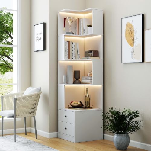 4 Tier Corner Bookshelf with 2 Drawers and LED Lights, Freestanding L Shaped Display Shelf Stand with Guardrails and Melamine Finish for Books Plants and Decor (White) - color: White