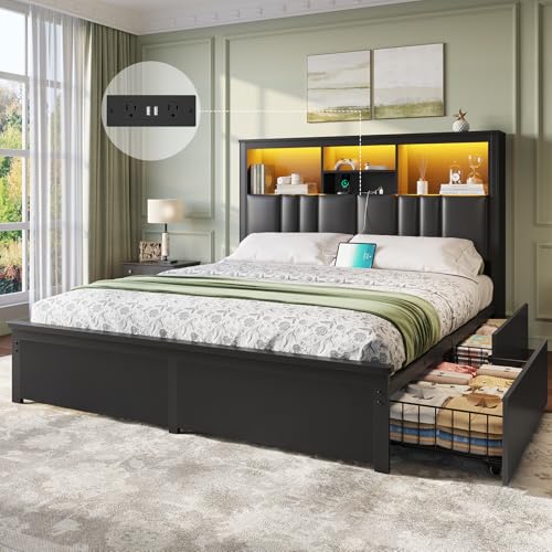 DICTAC Queen Bed Frame with 4 Storage Drawers & Upholstered Bookcase Headboard, Bed Frame Queen Size with LED Lights & Charging Station, Heavy-Duty Metal Platform Bed, No Box Spring Needed, Noise Free - color: Deluxe Black, size: Queen