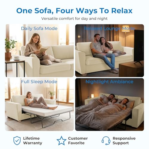 Full Size Pull Out Sleeper Sofa Bed 71" W with Memory Foam Pillows and Mattress, Convertible 2-in-1 Loveseat Sofa Sleeper Couch with Pullout Beds for Living Room Apartment Small Spaces, Beige