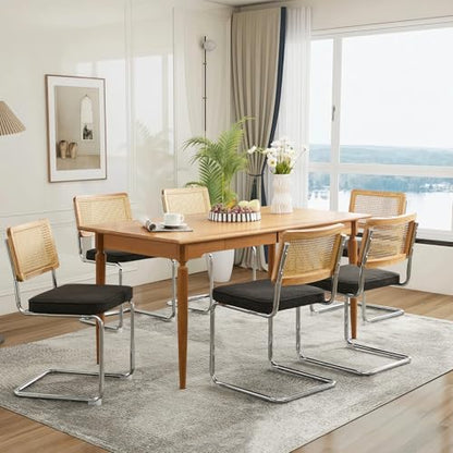 Rattan Dining Chairs Set of 6,Linen Cesca Chair Kitchen Chair,Black | VICBARLEY Mid Century Modern Dining Chairs,Wood Cane Backrest&Chrome Base,Upholstered Side Chair for Dining Room,Kitchen - color: Black, size: Set of 6