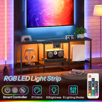 HOOBRO BB122UDDS01 충전 스테이션이 있는 TV 스탠드, LED 엔터테인먼트 센터, 거실, 침실용 오픈 보관 선반이 있는 미디어 TV 콘솔 테이블, 블랙 - color: 블랙.