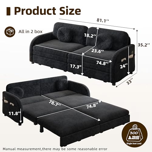 81.1'' King Size Sleeper Sofa Bed, 3-in-1 Pull Out Chenille Couch, Black | Cozy Curved Armrest, Loveseat with USB, 2 Round Pillows, Washable Cover, Pocket, for Living Room, Apartment, Small Spaces, RV - color: Black, size: 81.1'' King